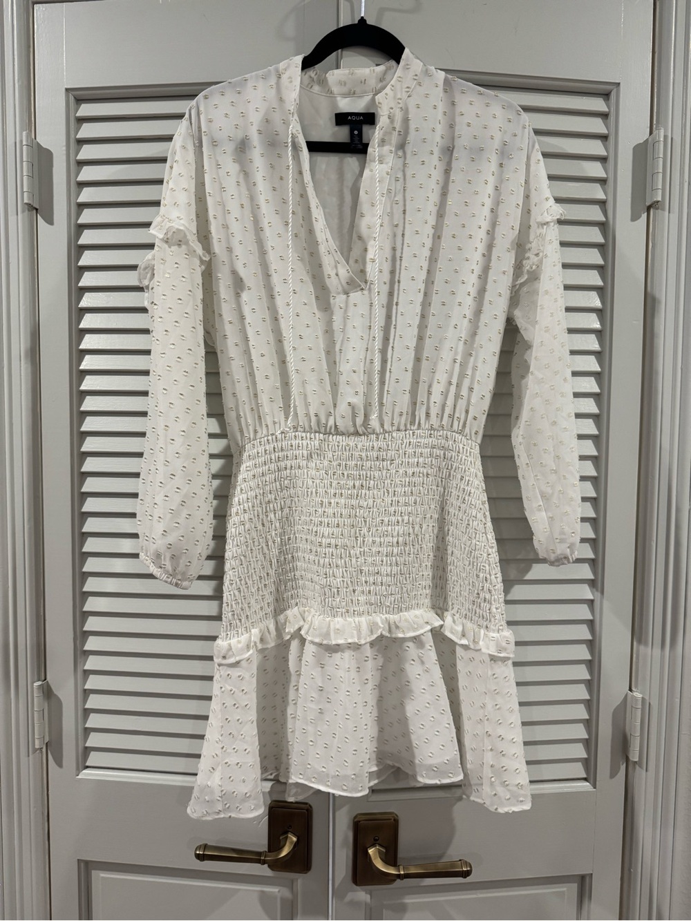 Aqua White Swiss Dot Long Sleeve Smocked Mini Dress